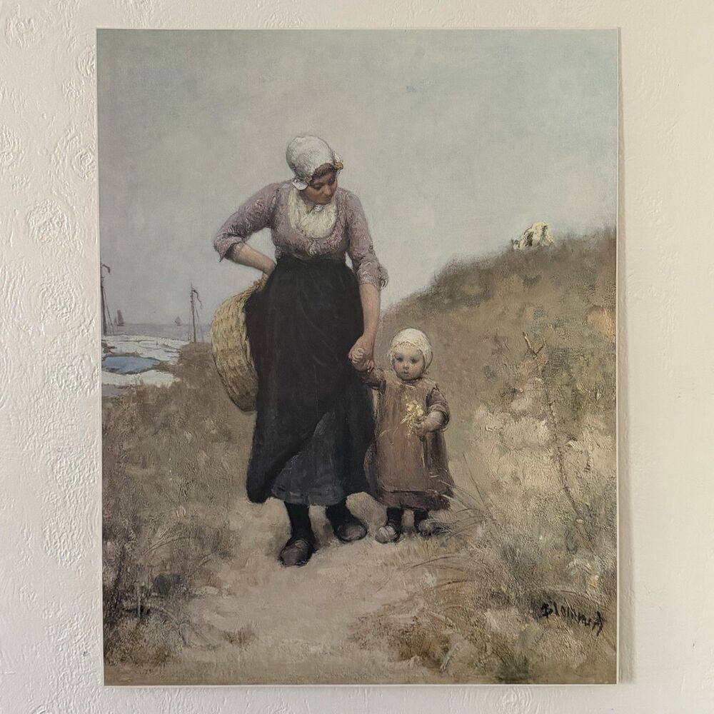 Vintage Bernardus Blommers Art Print Mother And Child On A Path By The Sea 28x22